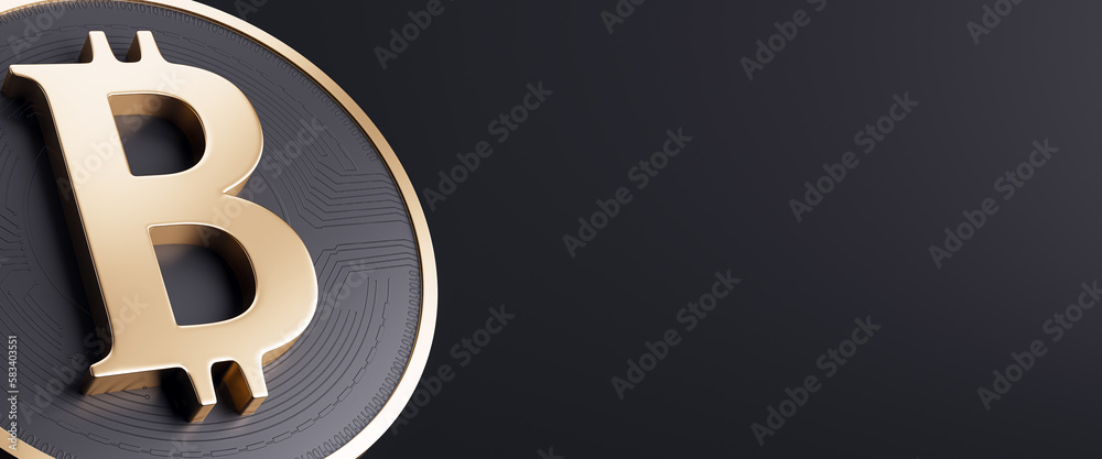 Poster Golden bitcoin sign on wide background with mock up place. Crypto and finance concept. 3D Rendering.