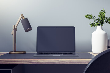 Close up of empty laptop on wooden desk with decorative vase and plant, lamp and mock up place on concrete wall background. Designer workspace concept. 3D Rendering.