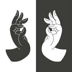 Hindu hand pose on black and white. Buddhist mudra. Tibetan thangka symbol.