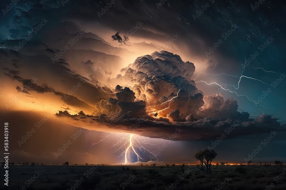 Sticker concentrated energy, in the form of storm clouds and lightning, brewing above the horizon, created w