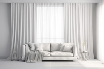 White cloth curtain mock up illustration in a gray, empty room with a sofa. include the clipping path. Generative AI