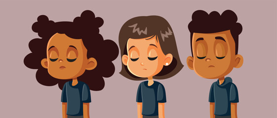 Unhappy Group of Children Feeling Depressed and Sad Vector Illustration. Sad kids victims of bullying and verbal abuse 
