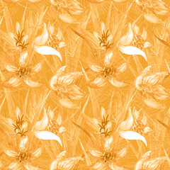 Floral seamless watercolor pattern with golden lilies ornament.