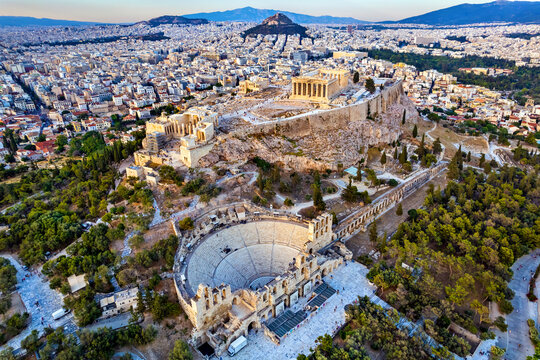 Aerial view of the Acropolis of Athens (Greece). You can also see large part of the city in the background and the Herodeum below.