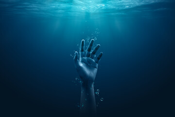 Despair drowning hand underwater danger help accident on urgency sos dangerous water background of emergency problem rescue ocean swimming warning risk or saving life reaching hopeless alone concept. - obrazy, fototapety, plakaty
