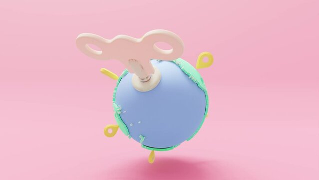 Wind up Earth globe with yellow pinpoints or pin map. Animation revolves around itself seamless loop and Alpha Channel. Designed in minimal concept. 3D Render.