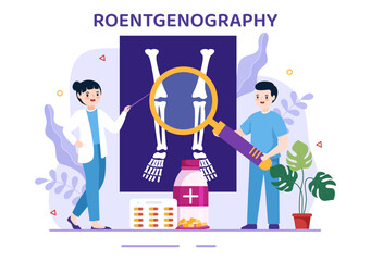 Roentgenography Illustration with Fluorography Body Checkup Procedure, X-ray Scanning or Roentgen in Health Care Flat Cartoon Hand Drawn Templates