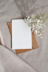 Empty paper card with copy space on beige background, elegant business, branding template,...