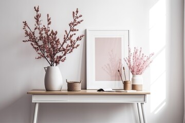 White wall, minimalist pink vase with dried branches, flower against white desk with white picture frame. Generative AI