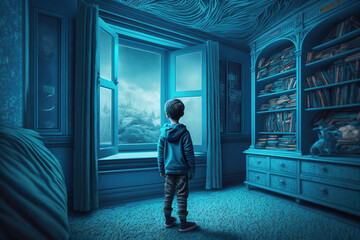 A child boy in a blue clothes is standing in a monochrome navy room,  interior design blue color style, mimimalism.  AI Generative