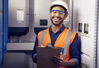 Portrait of happy man, engineering and technician at control panel, inspection and maintenance...