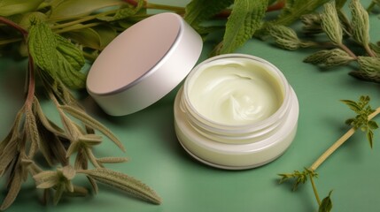 Jar of organic cream with leaves on green background. Flat lay, top view, copy space. Natural organic product, beauty and spa concept. Generative AI.