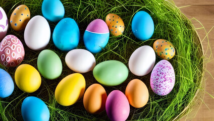 Fototapeta na wymiar Colorful Easter eggs in a basket of grass, made using generative ai