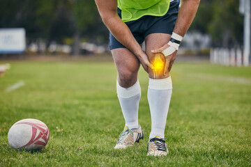Rugby, pain and man with knee injury on sports field for practice match, training and game...