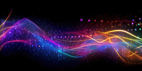 Fototapeta premium abstract glowing energy background with blue and pink and orange glowing wave light rays and sparkling particles, generative ai