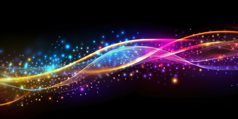 Fototapeta na wymiar abstract glowing energy background with blue and pink and orange glowing wave light rays and sparkling particles, generative ai