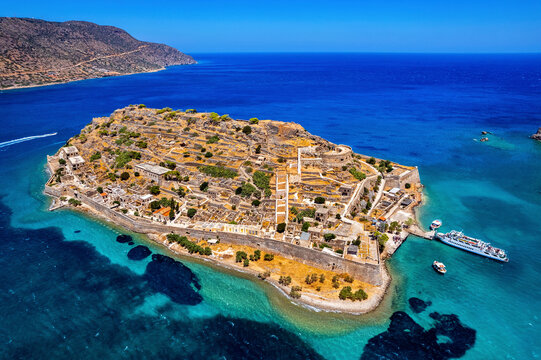 Spinalonga island and castle, former leper colony, in Mirabello bay, Municipality of Agios Nikolaos, Lasithi prefecture, Crete, Greece