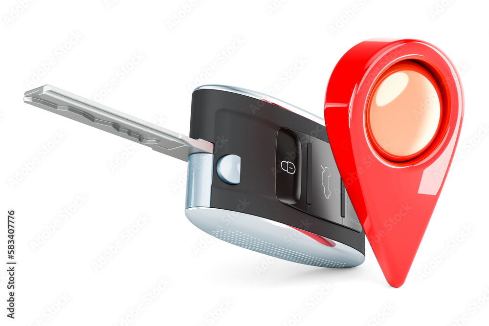 Poster car key with map pointer, 3d rendering
