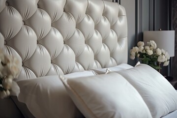 Obraz premium White leather headboard with a quilted surface, soft white pillow, and cotton flower. Clean pillow, comfort, close up of a bed component. Background of quilted headboard and mockup of bedding