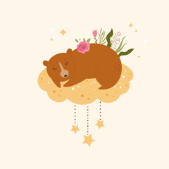 Fototapeta premium Little cute bear sleeping on the cloud. Adorable animal vector design, illustration