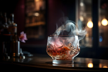 Whiskey. Whiskey in a glass with ice and smoke on a black background, close up. Generative AI technology.