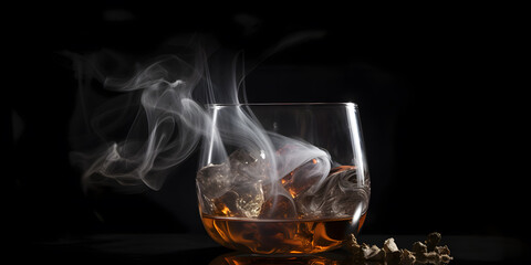 Whiskey. Whiskey in a glass with ice and smoke on a black background, close up. Generative AI technology.