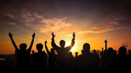 group of people at sunset, crowd celebrating the sun, hands in the air, generative ai