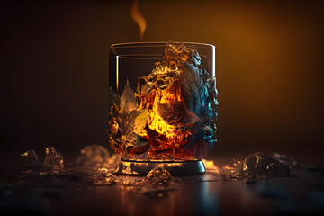 Whiskey. Glass of whiskey with ice cubes and fire on dark background, close up. Generative AI technology.