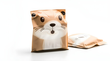 AI Generated, Pet Product packaging with dog, cat, otter face on it for snacks with full focus, white background.