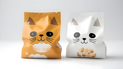 AI Generated, Pet Product packaging with dog, cat, otter face on it for snacks with full focus, white background.