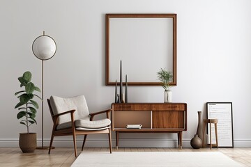 Living room interior design composition with console, chair, poster frame mockup, vase, gemstone, and vintage personal items. Copy space Template. Generative AI