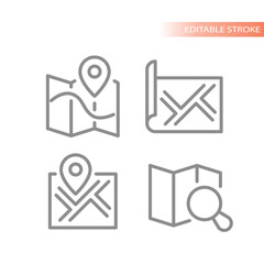Map and location pin, gps line vector icon set. Navigation, mobile app outline icons.