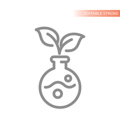 Test tube and leaves, no gmo, natural product or food line icon. Clean ingredients, pesticides and chemicals free line symbol.