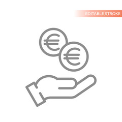 Money euro coin and hand icon. Simple line vector symbol.