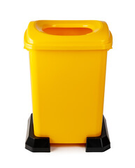 Yellow plastic waste bin isolated on white