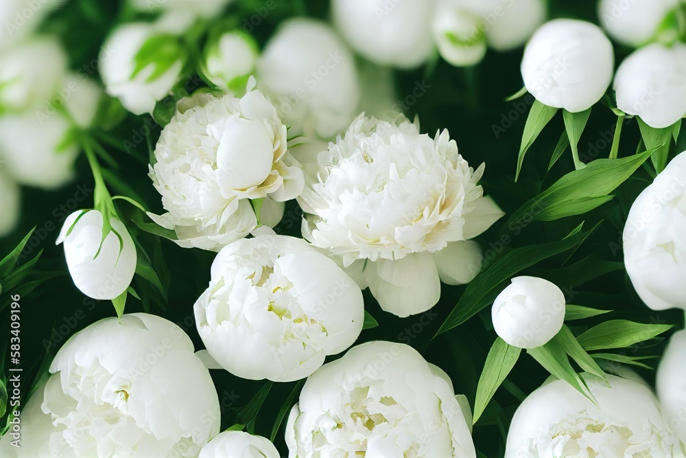 Poster blossom of white peon flower and buds with green leaves in garden., created with generative ai