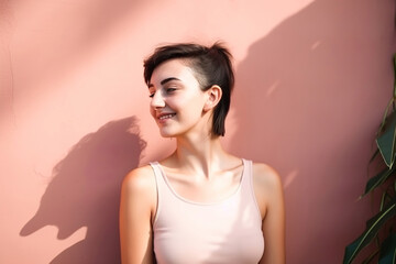 fashion portrait of a natural beauty young woman standing against a pastel pink wall, generative ai
