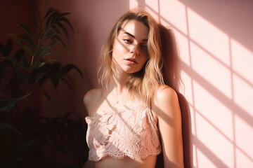 Fototapeta premium fashion portrait of a natural beauty young woman standing against a pastel pink wall, generative ai