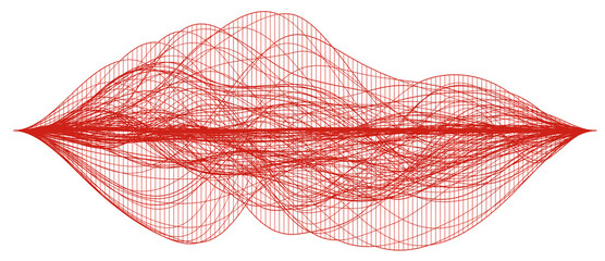 Abstract red wireframe sound waves, visualization of frequency signals audio wavelengths, futuristic technology waveform isolated on white background