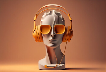 Minimal scene of sunglasses and headphones on human head sculpture, Music concept, 3d rendering, Generative AI