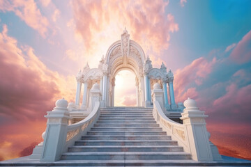 temple of heaven, stairway to heaven, gates of heaven, beautiful sky, godrays, generative ai - obrazy, fototapety, plakaty