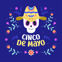 A poster for Cinco de mayo with a skull wearing a yellow hat. Cinco de mayo social media post.