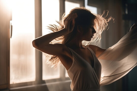 beautiful young woman dancing in the morning lights, generative ai