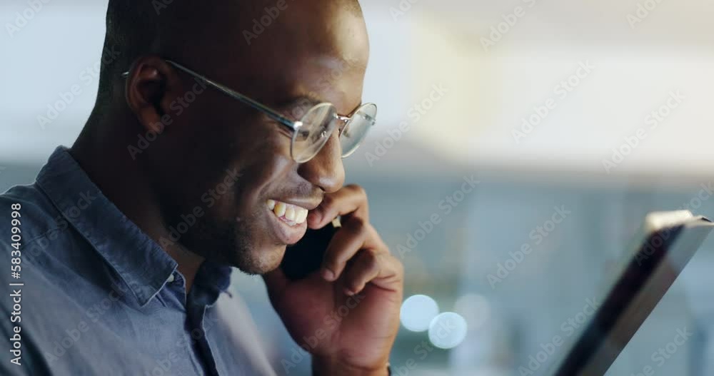 Aufkleber phone call, communication and business black man talking on tablet for networking, conversation and 