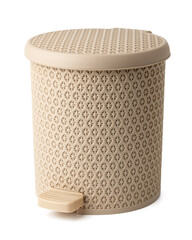 Plastic trash can with lid on white background