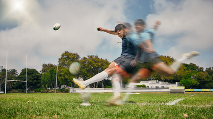 Rugby, blur and man kicking ball to score goal on field at game, match or practice workout. Sports,...