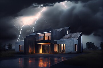 exterior of a modern house at night, with dramatic storm clouds and lightning in the background, created with generative ai
