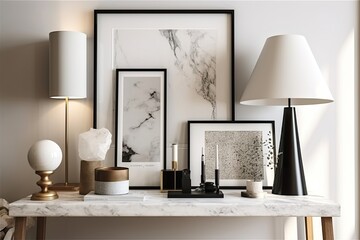 Home decor that is simple and attractive features a mock up grey poster frame, white and marble pedestals with fashionable accessories, and a black lamp. Stylish and eclectic room decor. Blank templat