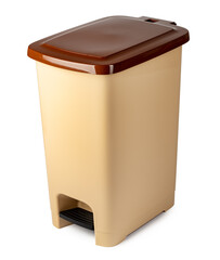 Beige plastic waste bin isolated on white