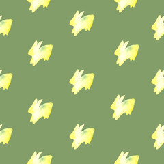 Watercolor seamless hand drawn pattern with yellow flowers and yellow silhouette of hares, bunnies and rabbits